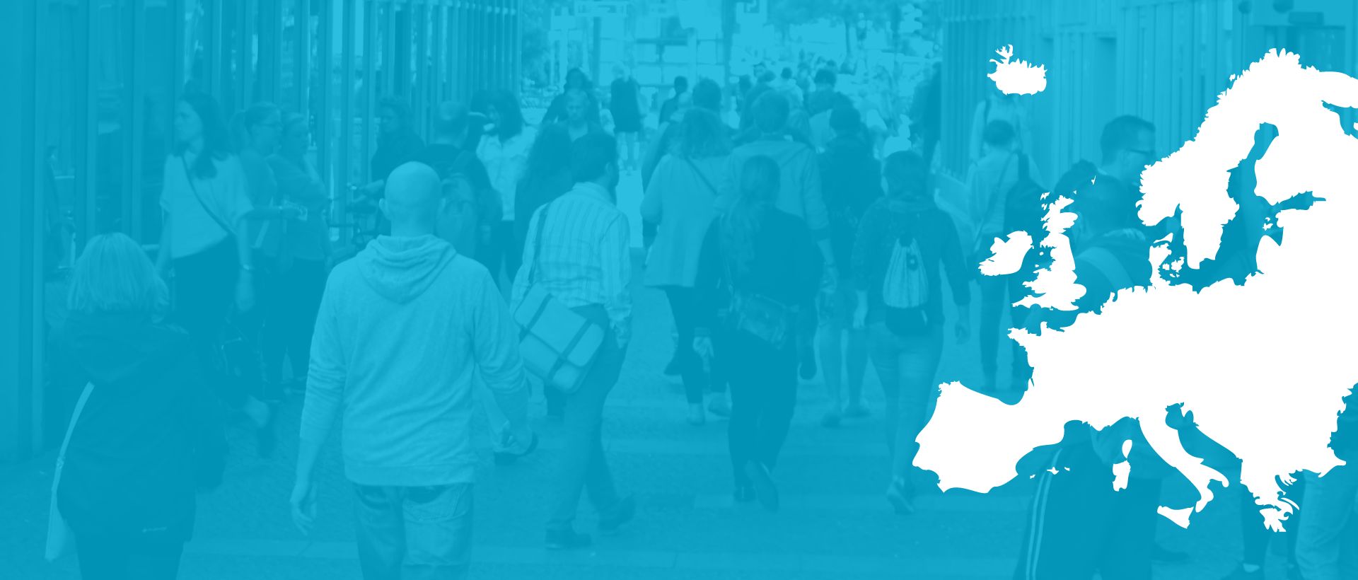 A crowd of people walking on a city street is overlaid with a white silhouette map of Europe against a blue background.