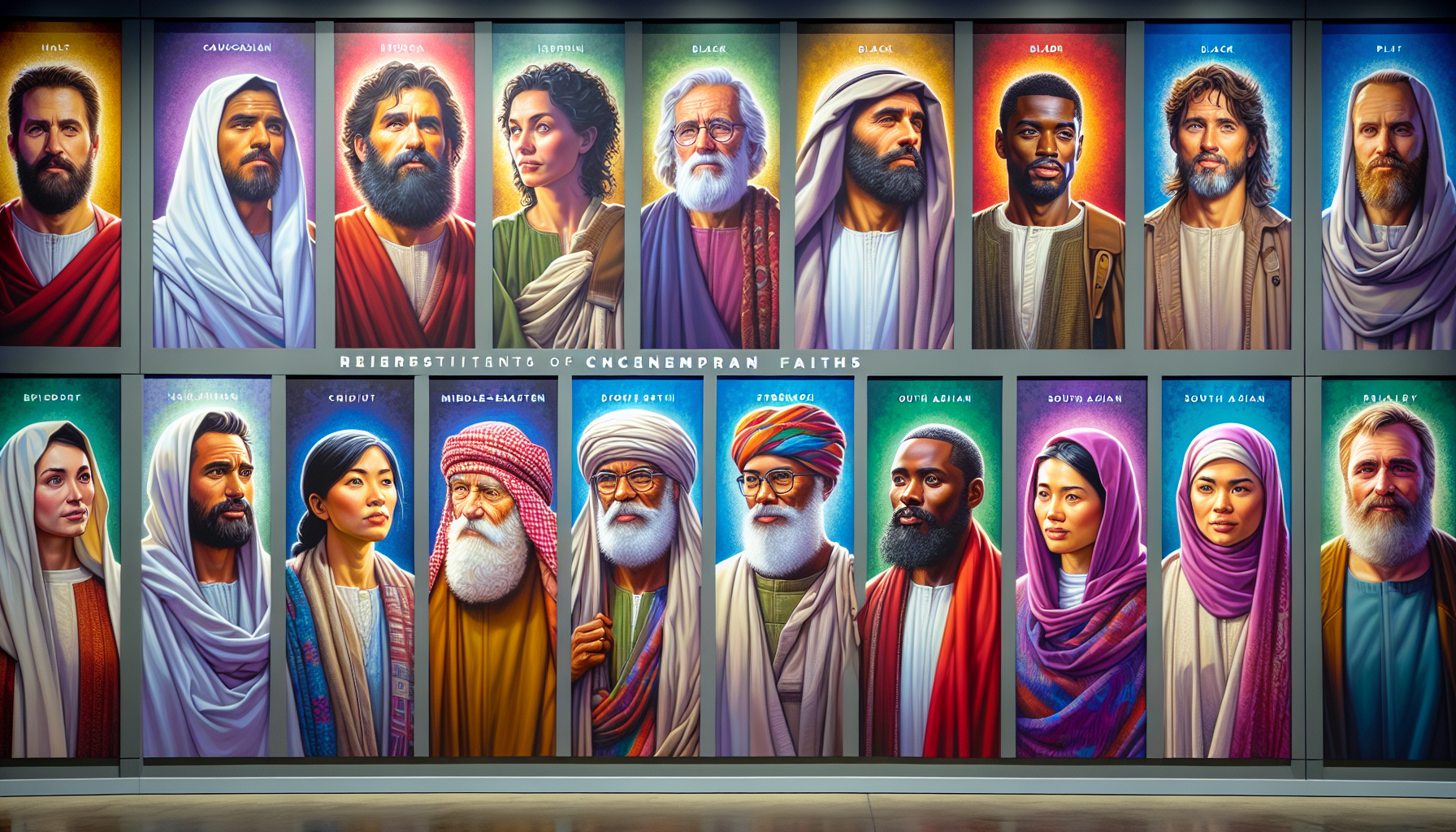 A gallery wall display featuring two rows of portraits depicting diverse individuals from various ethnic and cultural backgrounds, styled in a religious or historical manner. The images are framed individually with glowing, colorful backgrounds and descriptive labels above each portrait.