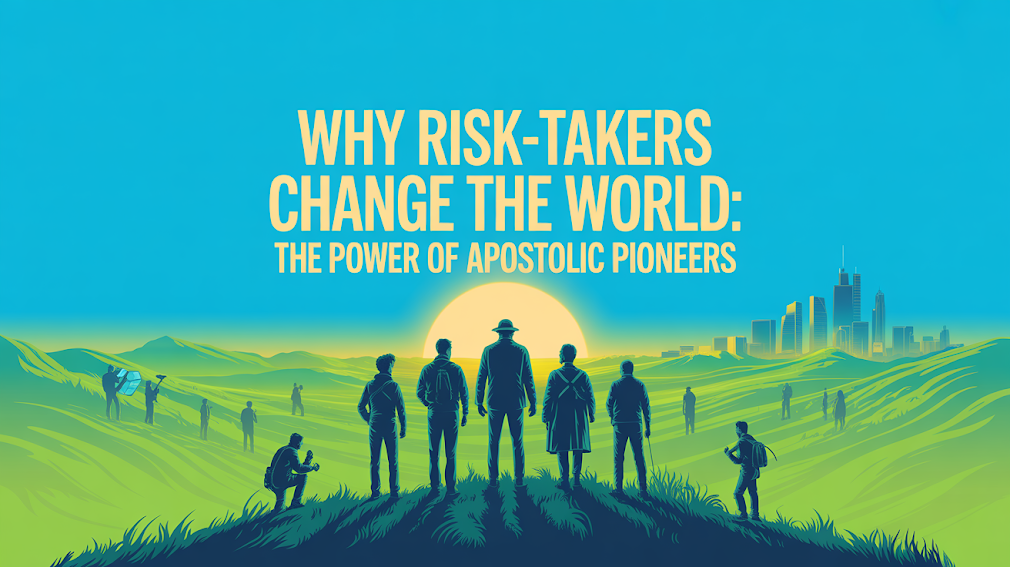 A stylized illustration shows a group of people standing on a hill looking toward a sunrise and a distant city skyline, with the text 'WHY RISK-TAKERS CHANGE THE WORLD: THE POWER OF APOSTOLIC PIONEERS' overlaid above them.