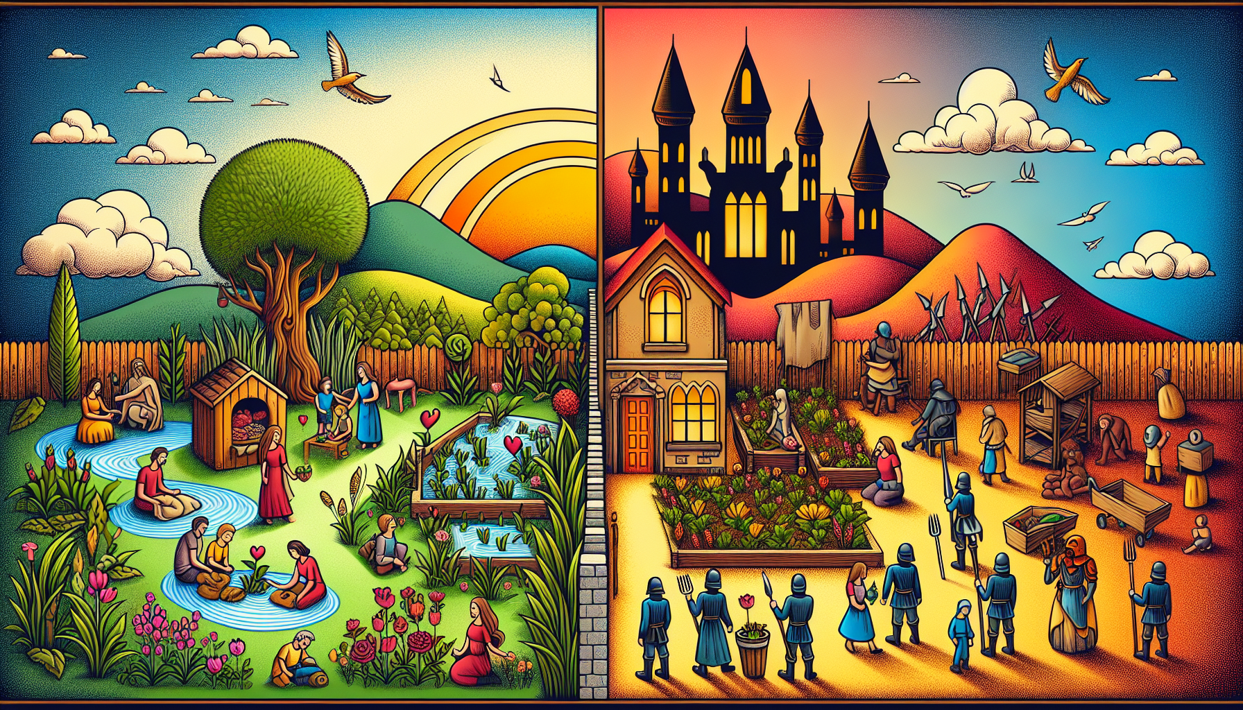 A split-screen illustration contrasting a peaceful, nature-filled garden scene on the left with a structured, militarized, and castle-dominated environment on the right.